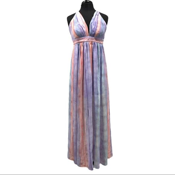 Ever After Pastel Watercolor Deep V-Neck Sheer Tulle Maxi Dress Sz S - Picture 2 of 16